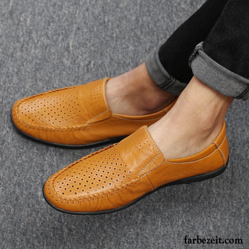 Herrenschuhe Slipper Casual Schuhe Gelb Sommer England Hohl Lederschue Allgleiches Echtleder Fahrschuhe Weiche Sohle Herren Kaufen