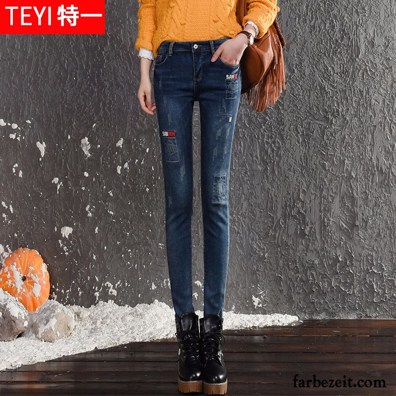 High Waist Jeans Weiß Verdickung Dünn Bleistift Hose Damen Schlank Jeans Neu Hohe Taille Warme Winter Plus Samt Günstig