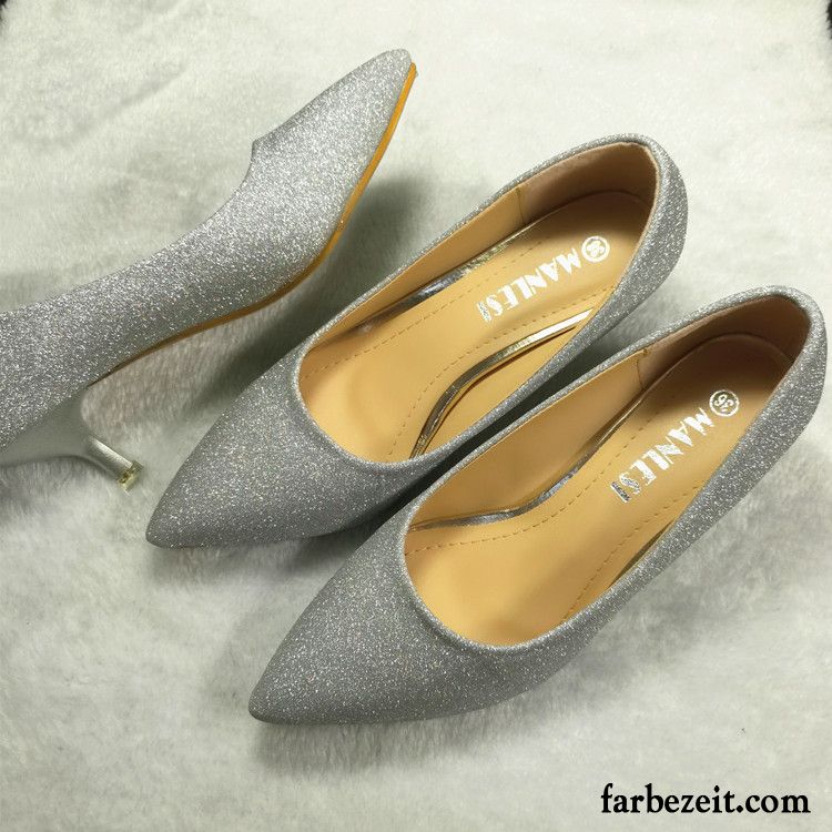 Hochfrontpumps Blau Temperament Neue Schnürschuhe Dünne Fersen Silber Spitze Damen Feder Pumps Billig