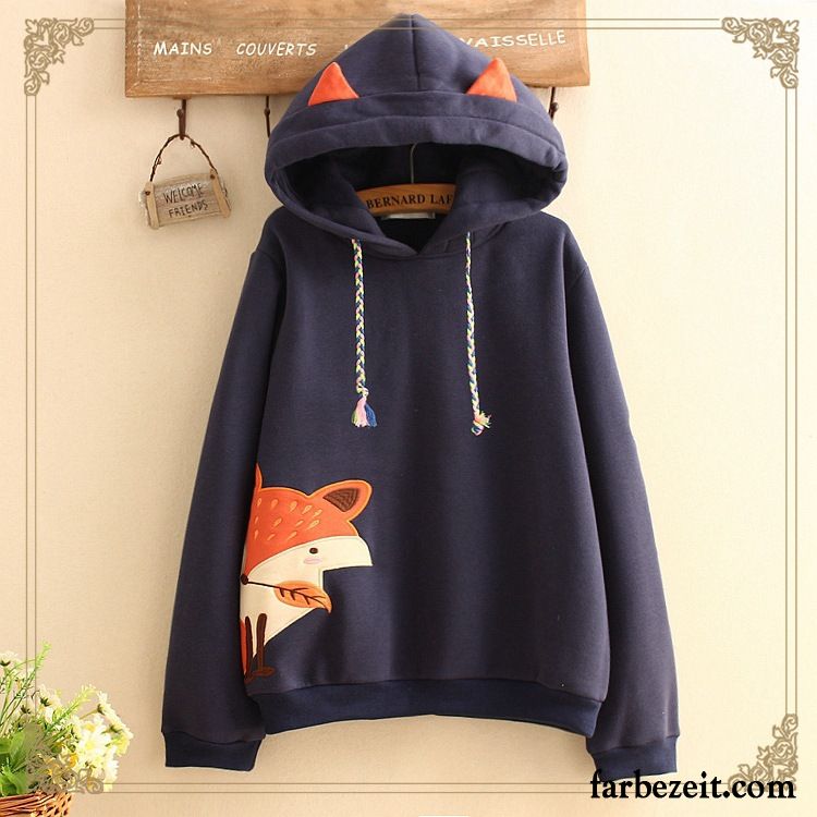 Hoodie Damen Adretten Stil Große Größe Fett Winter Mit Kapuze Lange Ärmel Marineblau