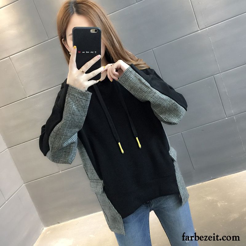 Hoodie Damen Feder Lose Trend Mit Kapuze Mode Überzieher Schwarz