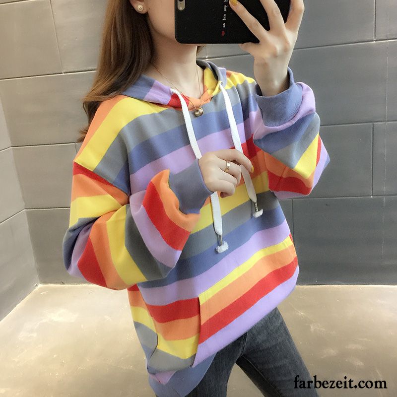 Hoodie Damen Herbst Überzieher Neu Lange Ärmel Feder Mit Kapuze Hellblau Regenbogen Purpur Lila Hell