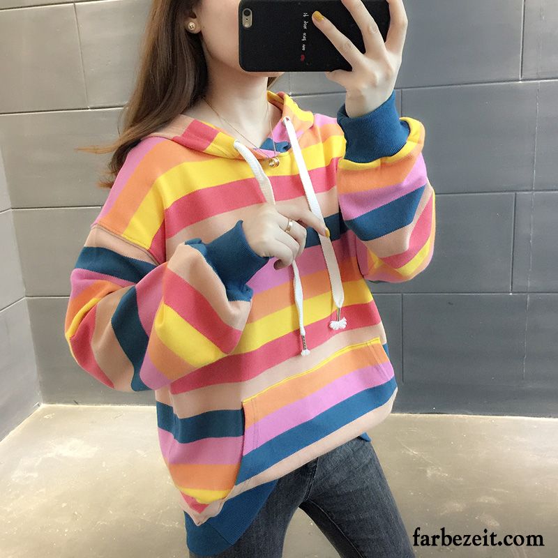 Hoodie Damen Herbst Überzieher Neu Lange Ärmel Feder Mit Kapuze Hellblau Regenbogen Purpur Lila Hell