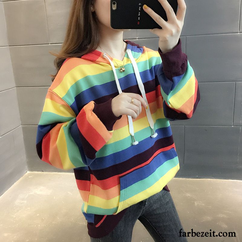 Hoodie Damen Herbst Überzieher Neu Lange Ärmel Feder Mit Kapuze Hellblau Regenbogen Purpur Lila Hell