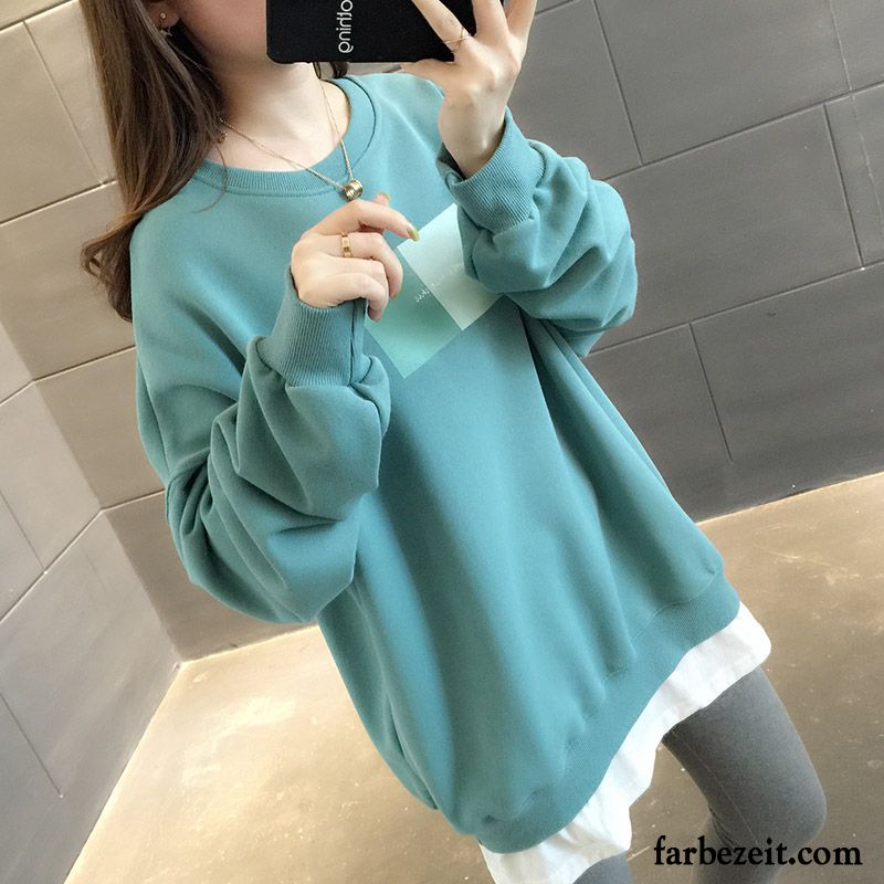 Hoodie Damen Hoodies Trend Neu Feder Lose Rundausschnitt Blau Grau