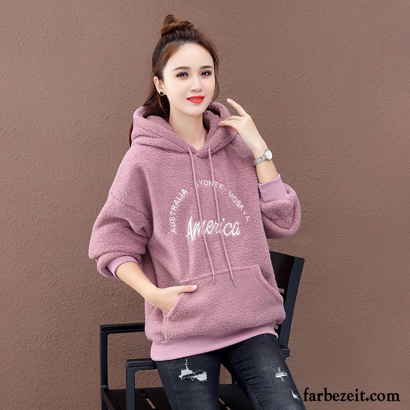 Hoodie Damen Lange Ärmel Plus Samt Überzieher Winter Mantel Verdickung Blau