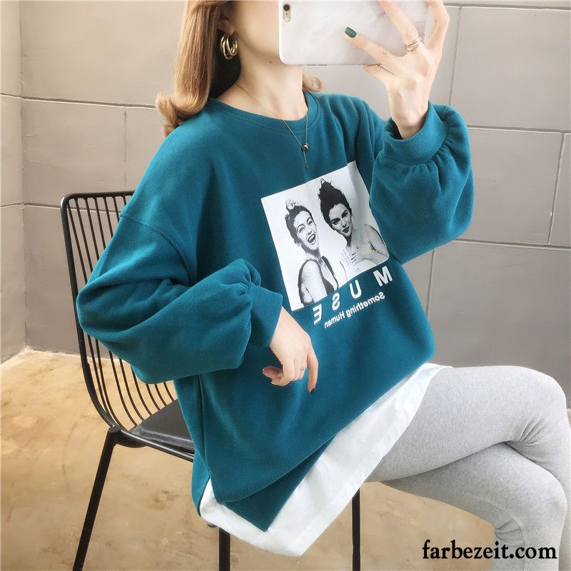 Hoodie Damen Trend Feder Lose Hoodies Große Größe Mantel Blau