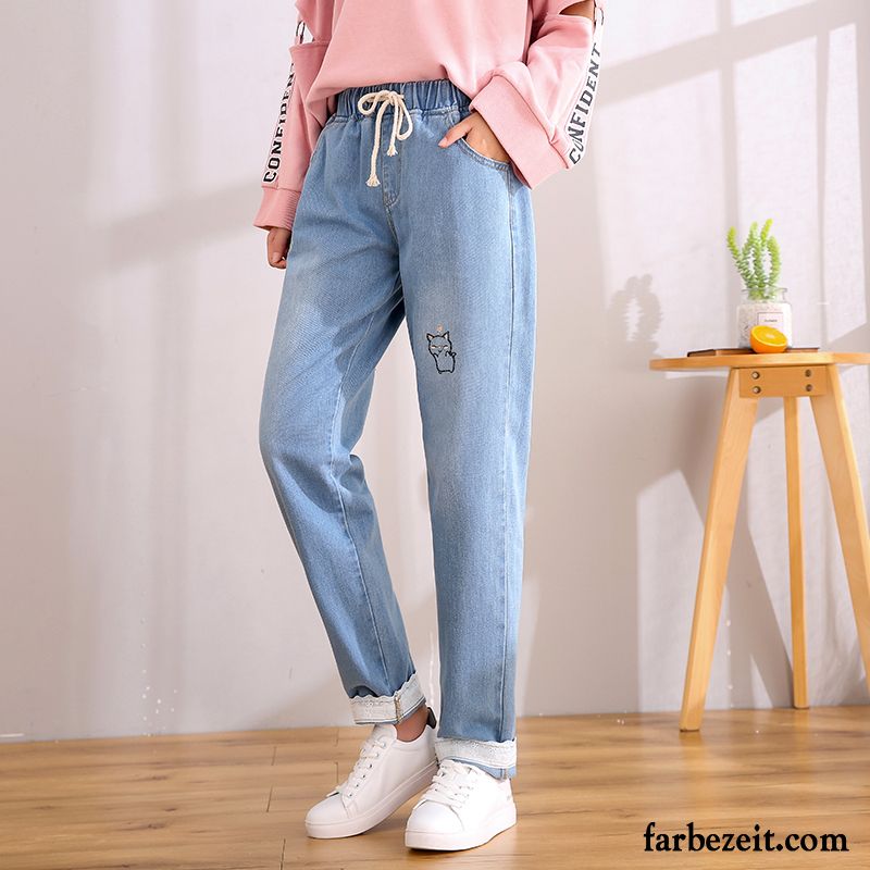 Hosen Damen Feder Schüler Mädchen Groß Lose Jeans Dunkelblau