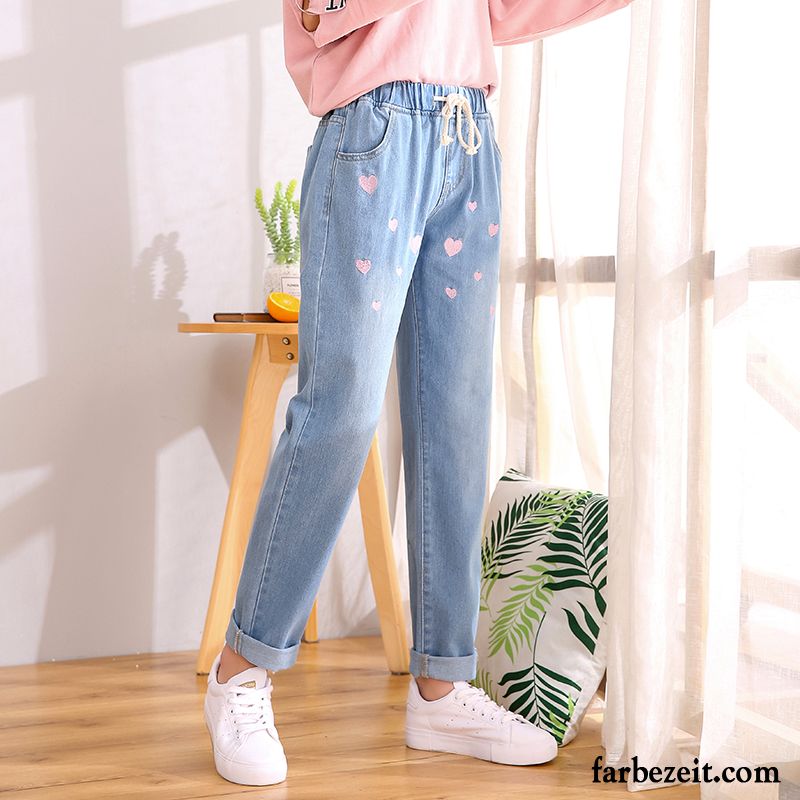 Hosen Damen Mädchen Lose Feder Schüler Jeans Allgleiches Dunkelblau