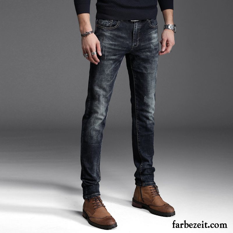 Jeans Mit Weisse Nähte Herren Rein Plus Samt Hose Herbst Trend Schlank Jeans Verdickung Lange Schwarz Dünn Winter