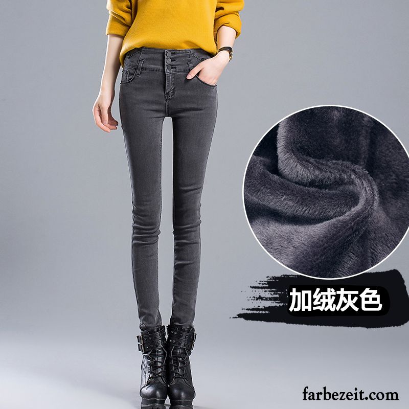 Jeans Bootcut Damen Plus Samt Winter Hohe Taille Baumwolle Dünn Jeans Elastisch Verdickung Herbst Hose Grau Günstig