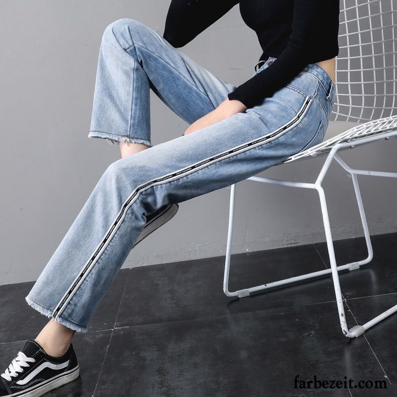 Jeans Damen Dünn Gerade Weites Bein Lose Neu Hose Hellblau