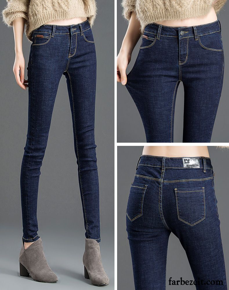 Jeans Damen Feder Plus Samt Hose Herbst Hohe Taille Dünn Blau