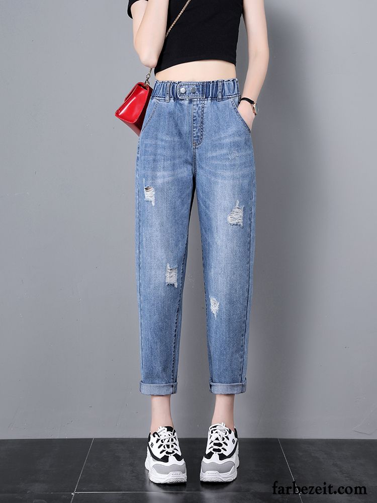 Jeans Damen Hohe Taille Elastisch Dünn Neu Harlan Sommer Blau