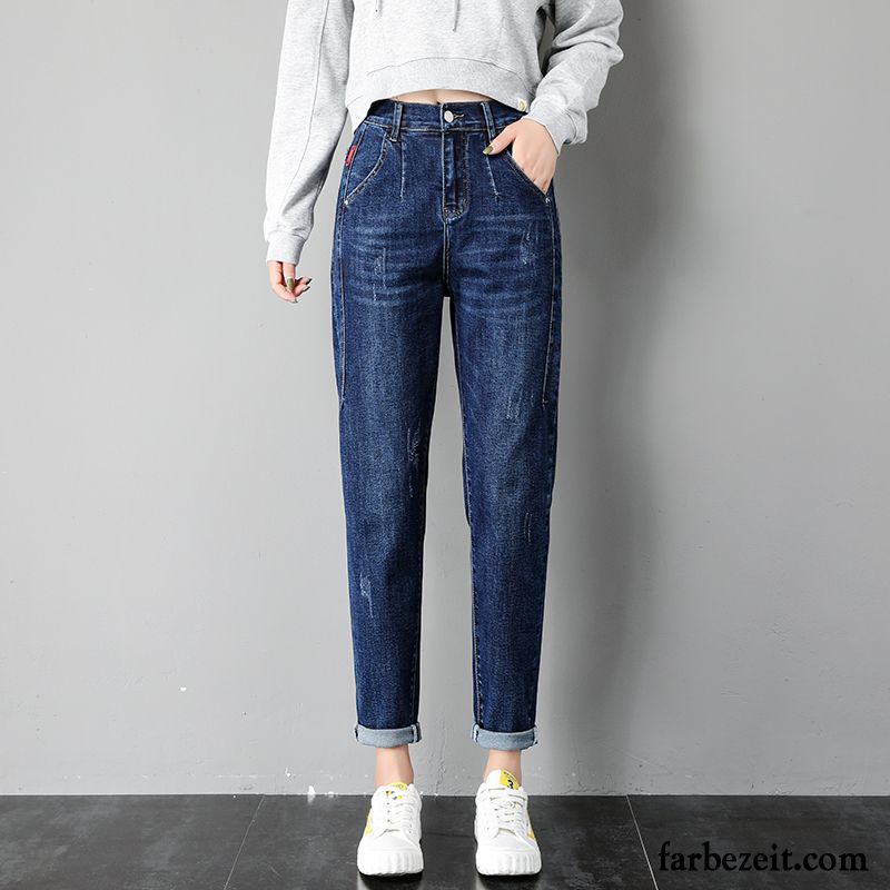 Jeans Damen Hohe Taille Lose Dünn Neu Herbst Große Größe Blau