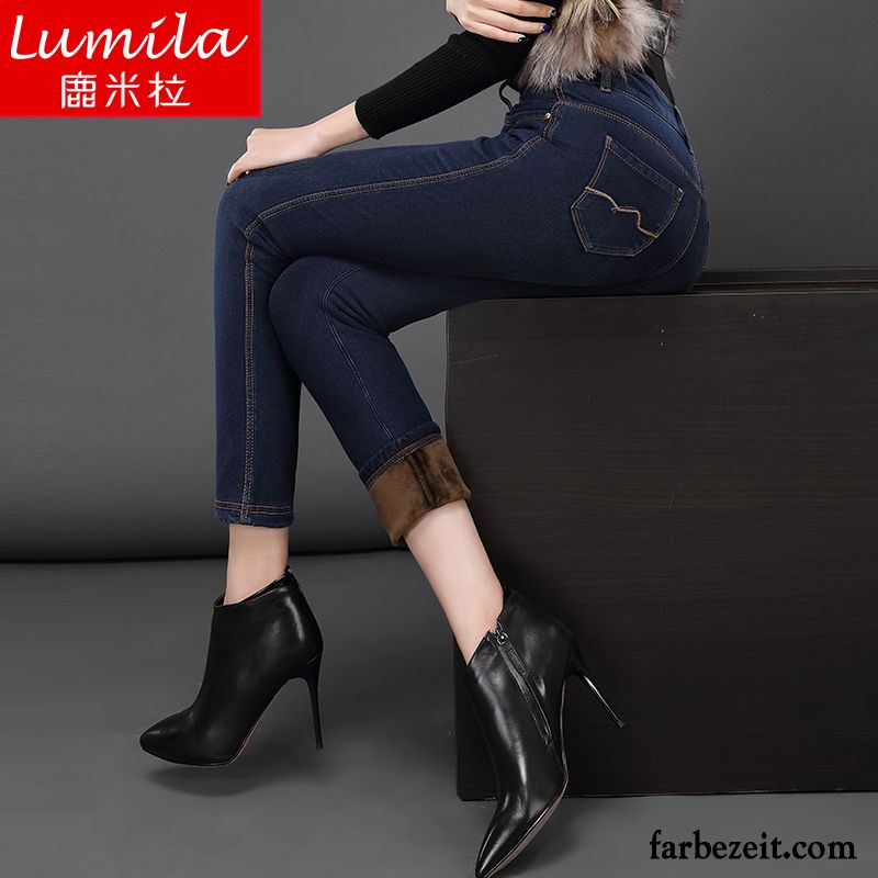 Jeans Damen Sale Bleistift Hose Dünn Neunte Hose Plus Samt Hohe Taille Winter Schwarz Jeans Elastisch Verdickung Billig