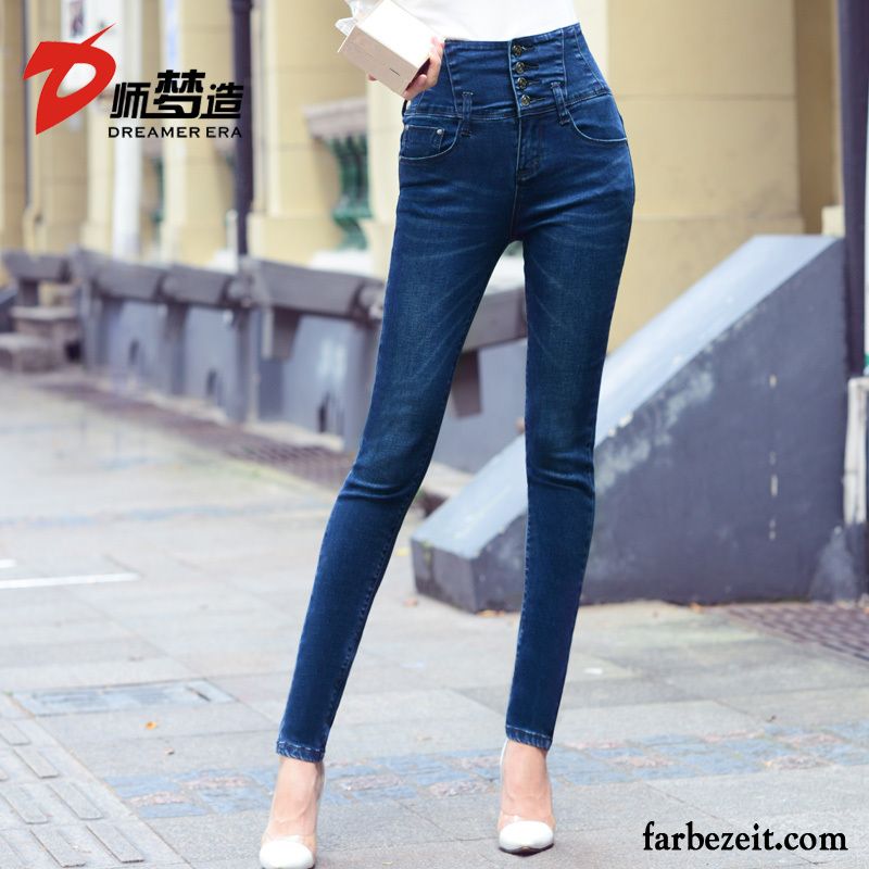 Jeans Dark Blue Damen Elastisch Hose Winter Plus Samt Enger Schnallen Jeans Hohe Taille Verdickung Dünn Herbst Günstig