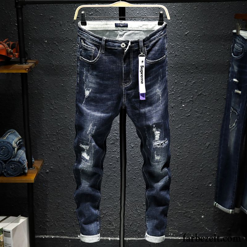 Jeans Gummibund Herren Herbst Dünn Löcher Elastisch Jugend Schlank Schüler Blau Jeans Trend Rabatt