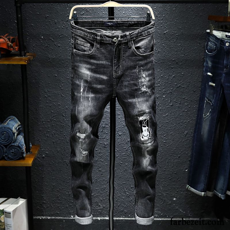 Jeans Gummibund Herren Herbst Dünn Löcher Elastisch Jugend Schlank Schüler Blau Jeans Trend Rabatt