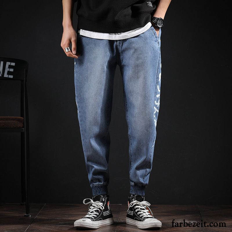 Jeans Herren Harlan Freizeit Neunte Hose Lose Elastisch Große Größe Blau