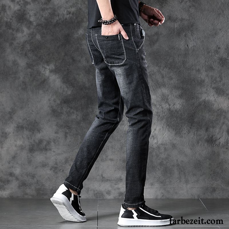 Jeans Herren Jugend Dünn Trend Elastisch Sommer Hose Blau Schwarz