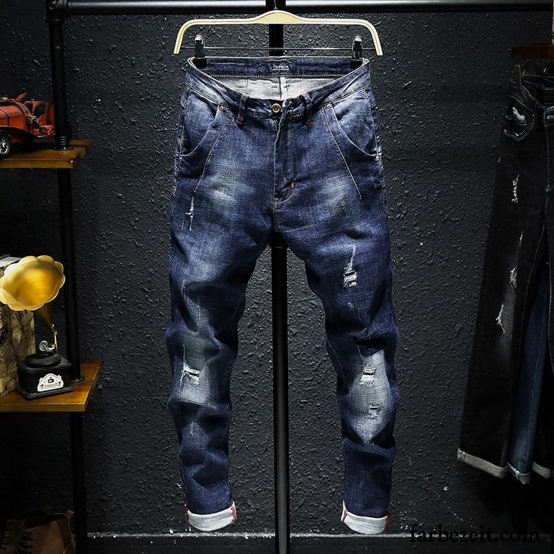 Jeans Herren Lange Dünn Trend Schlank Neu Elastisch Blau