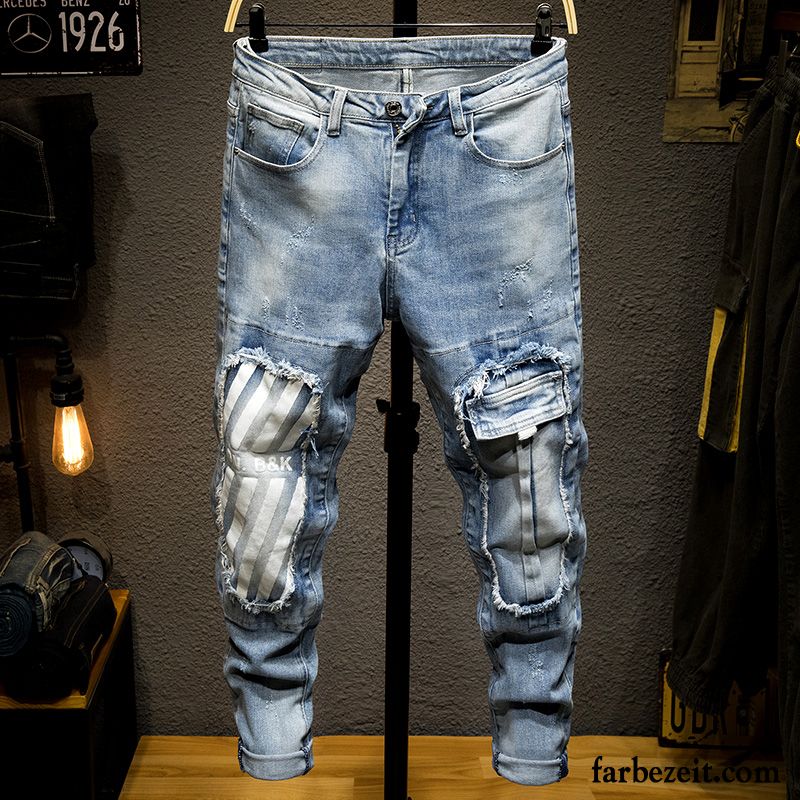 Jeans Herren Löcher Lange Lose Persönlichkeit Klar Trend Blau