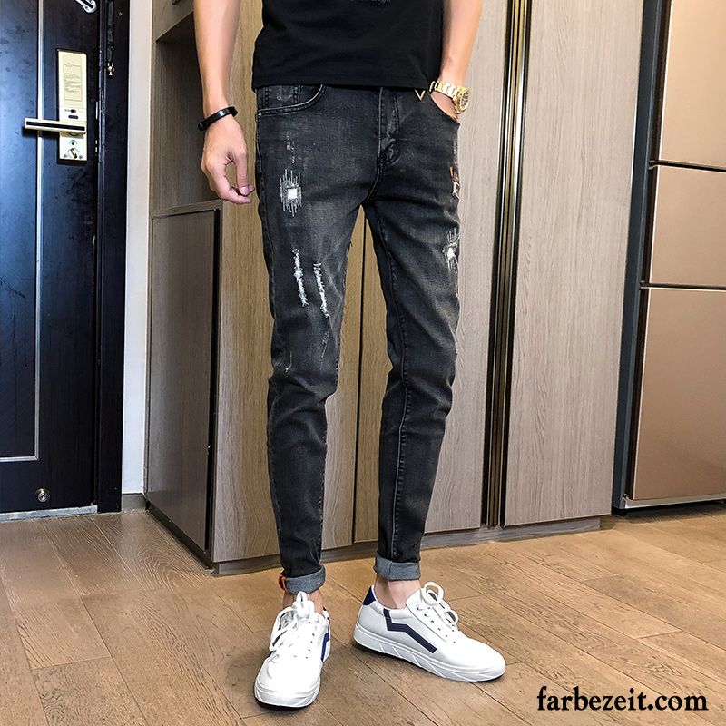 Jeans Herren Löcher Trend Elastisch Allgleiches Dünn Persönlichkeit Schwarz