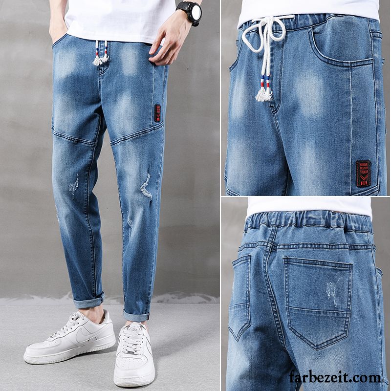 Jeans Herren Neunte Hose Gerade Trend Dünn Löcher Freizeit Schwarz