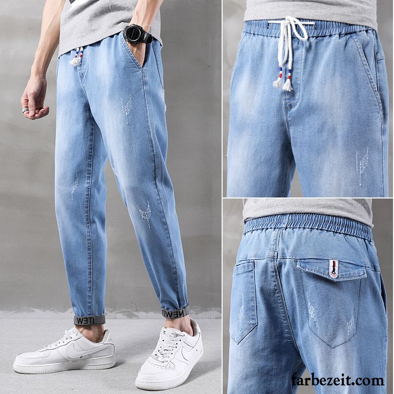 Jeans Herren Neunte Hose Gerade Trend Dünn Löcher Freizeit Schwarz