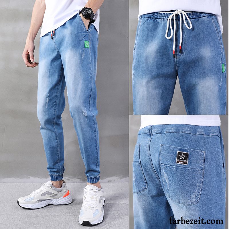 Jeans Herren Neunte Hose Gerade Trend Dünn Löcher Freizeit Schwarz