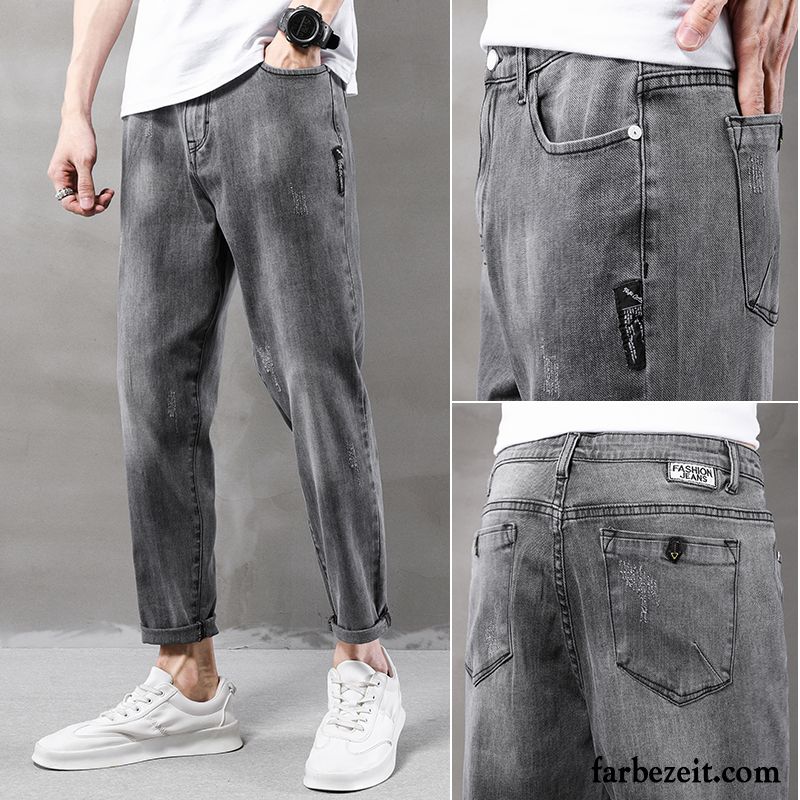 Jeans Herren Neunte Hose Gerade Trend Dünn Löcher Freizeit Schwarz