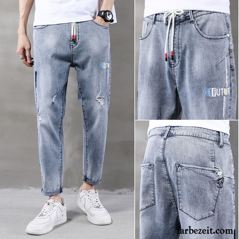 Jeans Herren Neunte Hose Gerade Trend Dünn Löcher Freizeit Schwarz