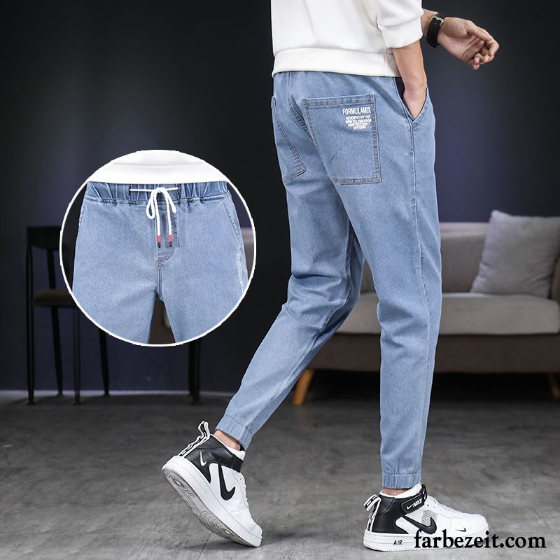 Jeans Herren Neunte Hose Gerade Trend Dünn Löcher Freizeit Schwarz