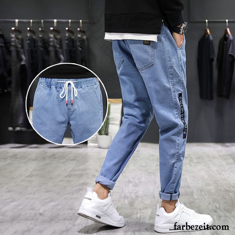 Jeans Herren Neunte Hose Gerade Trend Dünn Löcher Freizeit Schwarz