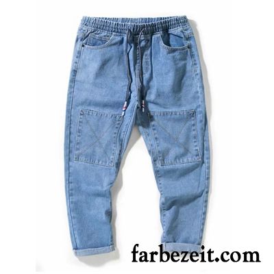 Jeans Herren Neunte Hose Trend Jugend Dünn Schlank Gerade Blau