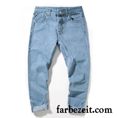 Jeans Herren Neunte Hose Trend Jugend Dünn Schlank Gerade Blau