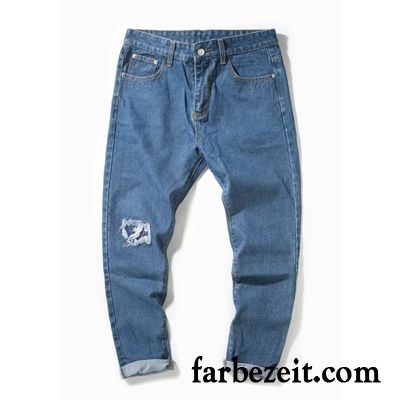 Jeans Herren Neunte Hose Trend Jugend Dünn Schlank Gerade Blau