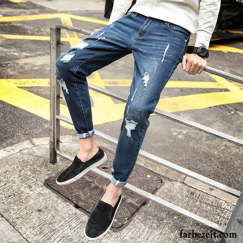 Jeans Herren Schlank Löcher Feder Schmales Bein Trend Elastisch Schwarz