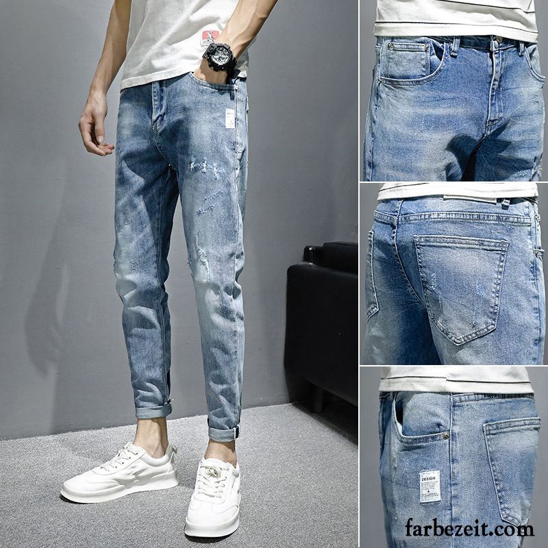 Jeans Herren Schlank Löcher Feder Trend Elastisch Schmales Bein Blau Hell