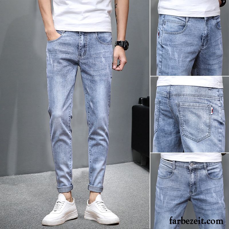 Jeans Herren Schlank Löcher Feder Trend Elastisch Schmales Bein Blau Hell