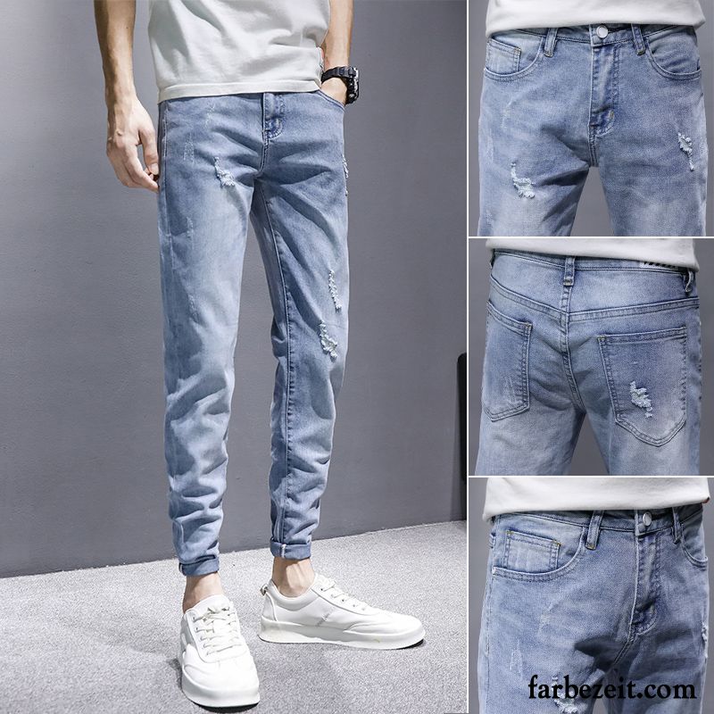 Jeans Herren Schlank Löcher Feder Trend Elastisch Schmales Bein Blau Hell