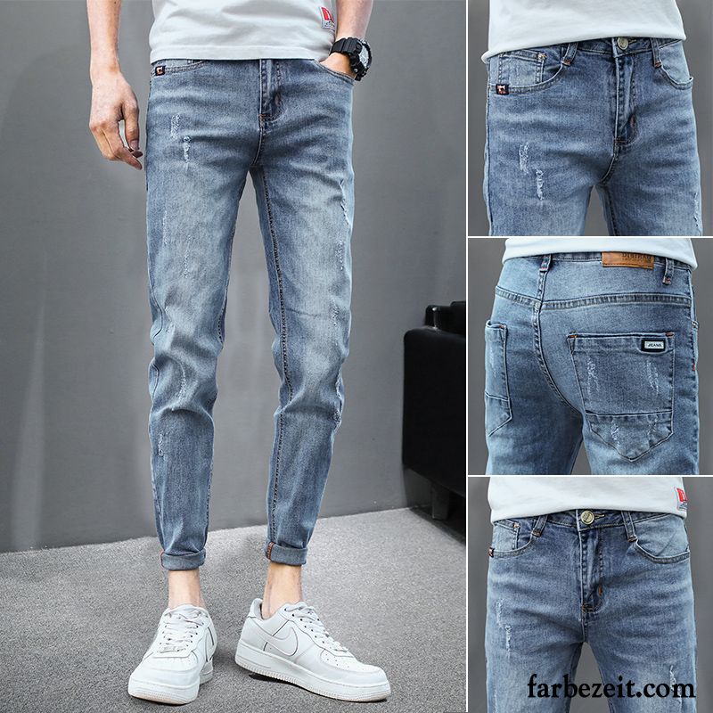 Jeans Herren Schlank Löcher Feder Trend Elastisch Schmales Bein Blau Hell