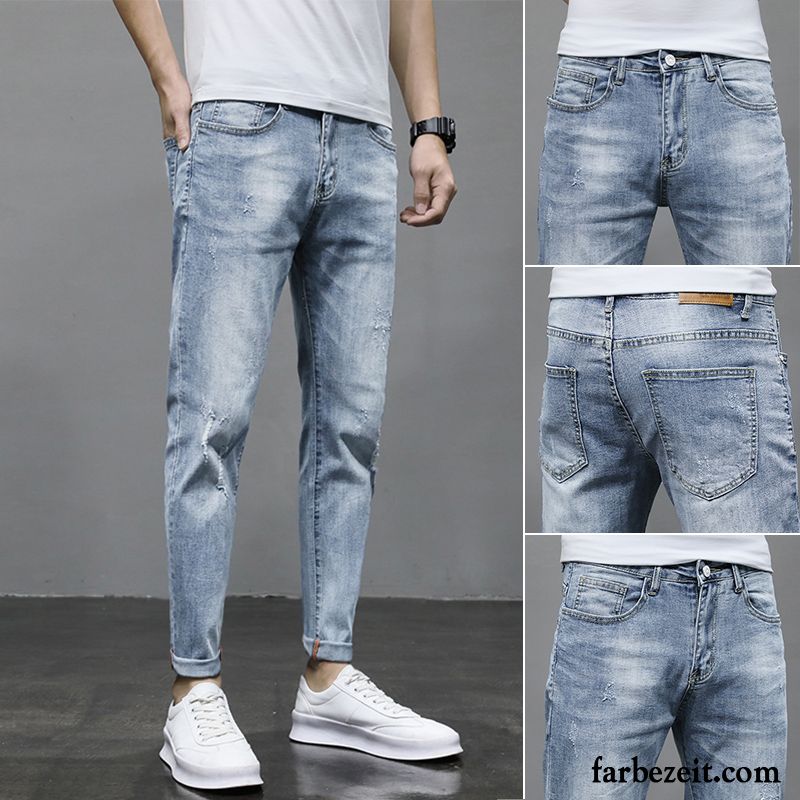 Jeans Herren Schlank Löcher Feder Trend Elastisch Schmales Bein Blau Hell