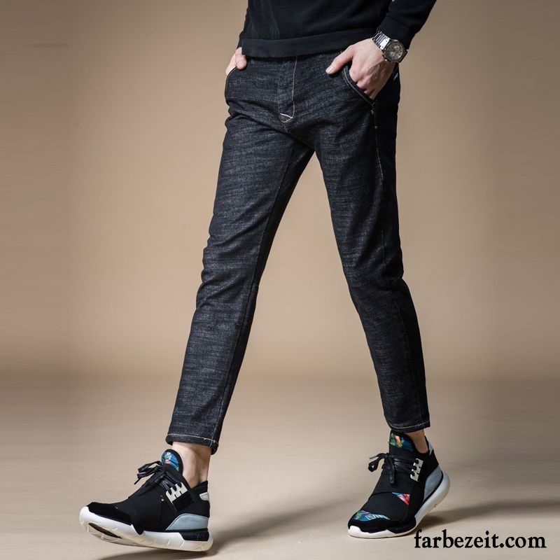 Jeans Herren Sommer Hose Trend Neunte Hose Elastisch Dünn Blau Schwarz