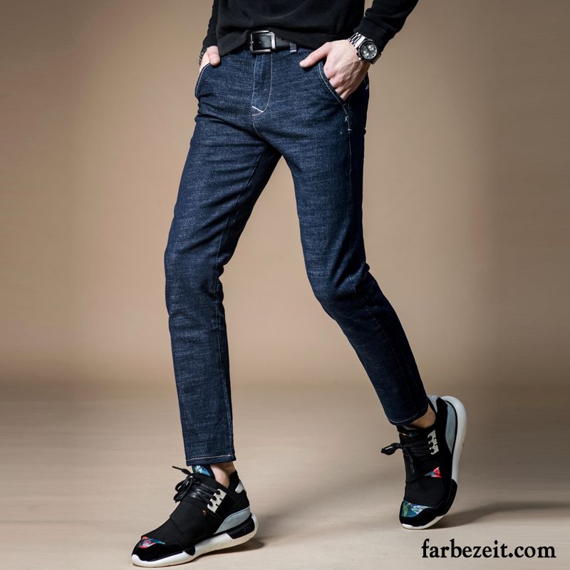 Jeans Herren Sommer Hose Trend Neunte Hose Elastisch Dünn Blau Schwarz