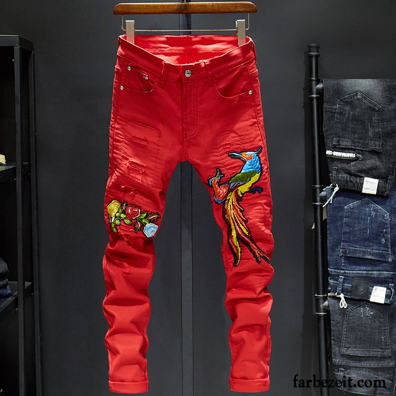 Jeans Herren Stickerei Bestickt Hose Trend Drucken Schlank Schwarz Rot