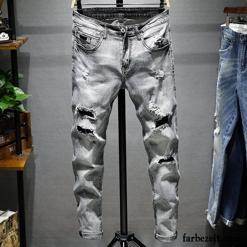 Jeans Herren Trend Elastisch Neu Löcher Schmales Bein Schlank Grau