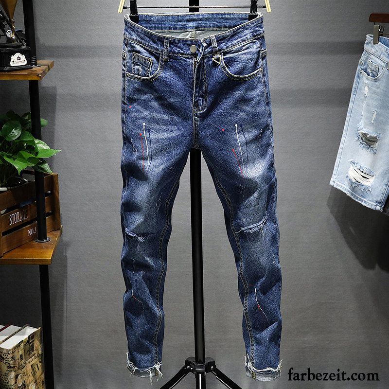 Jeans Herren Trend Elastisch Neu Löcher Schmales Bein Schlank Grau