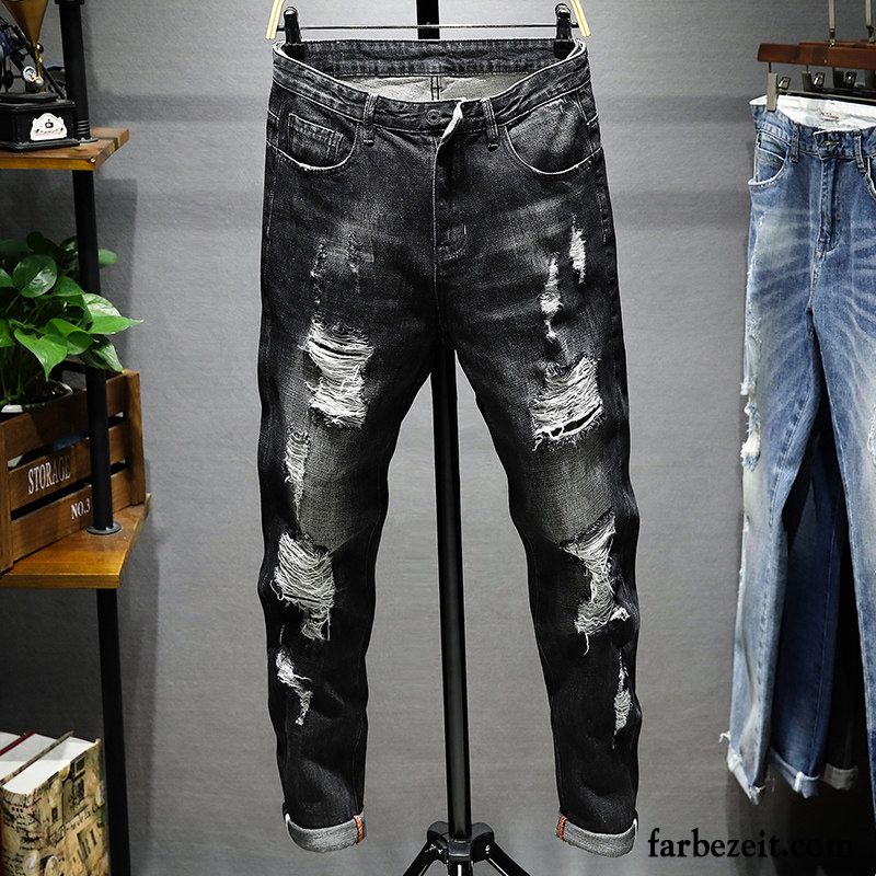 Jeans Herren Trend Elastisch Neu Löcher Schmales Bein Schlank Grau